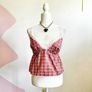 No Boundaries Plaid Babydoll Top Lace Trim Y2K 2000s Grunge Boho Peasant Small